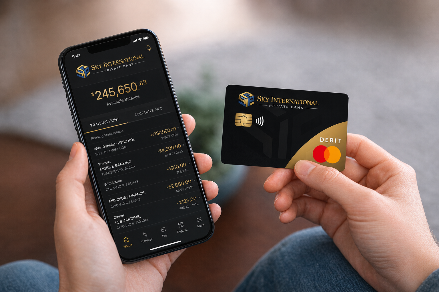Sky mobile banking on a smartphone next to a debit card.