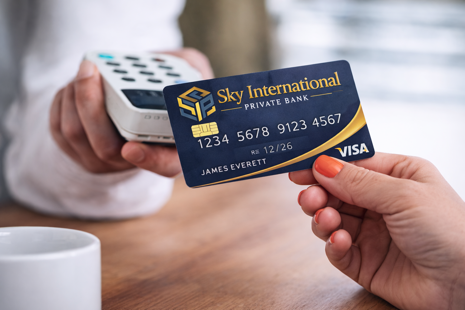 Sky debit card at checkout, representing linked everyday banking and savings.